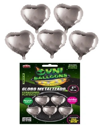 Imagen ilustrativa de GLOBO METALIZADO 5" SET X5 CORAZONES PLATA